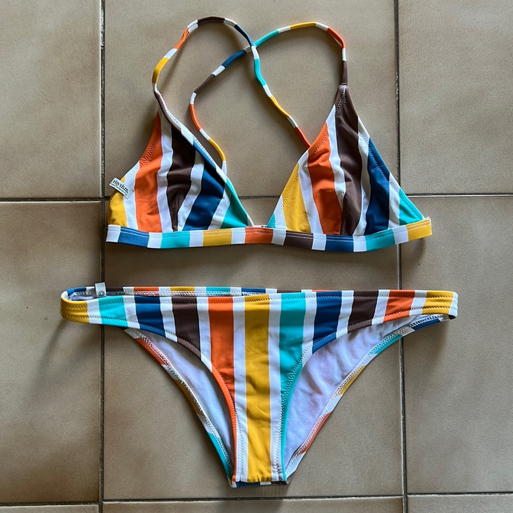 Rhythm. Striped Triangle Bikini in Turquoise, Yellow, Orange, Brown, White